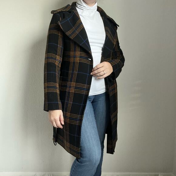 Blue Black and Yellow Plaid Belted Heavy Trench Coat Size Small - Picture 1 of 7